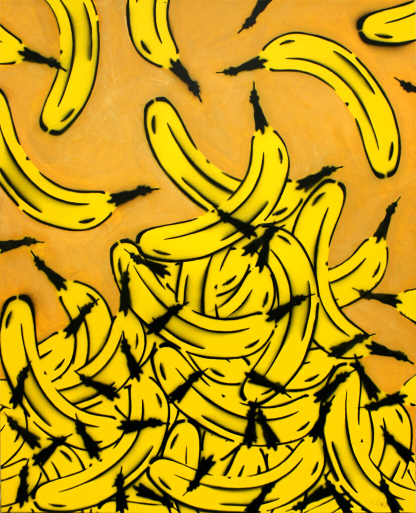 Thomas Baumgärtel, „Bananenberg“, 1992. Zahlreiche gelbe, schwarz konturierte Spraybananen überlagern sich auf orangefarbenem Hintergrund.