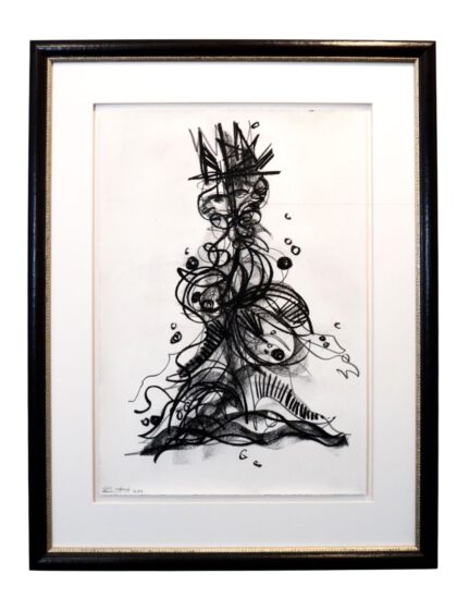 LEON LÖWENTRAUT - Der überforderte König (2023), Kohlezeichnung auf handgeschöpftem Büttenpapier