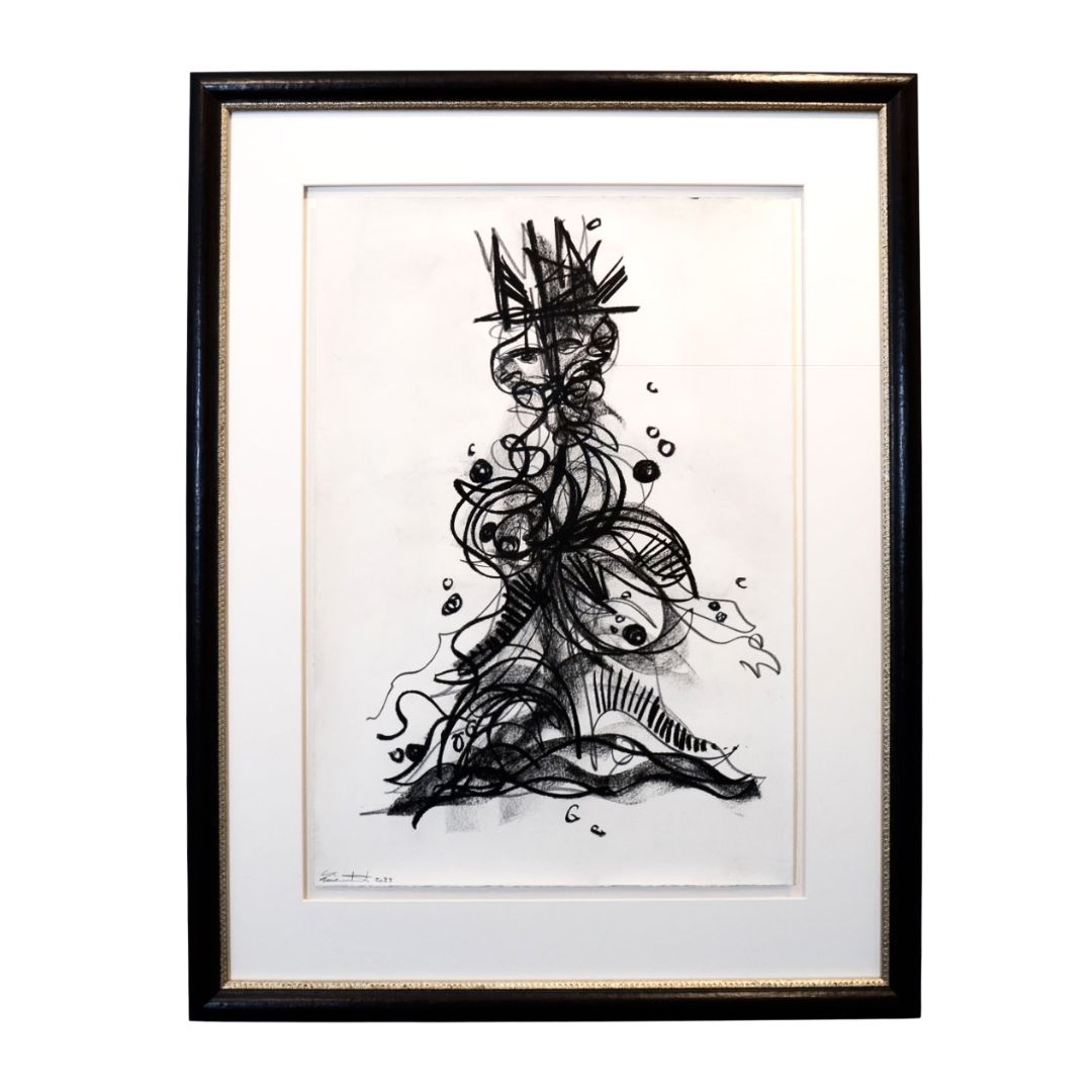 LEON LÖWENTRAUT - Der überforderte König (2023), Kohlezeichnung auf handgeschöpftem Büttenpapier