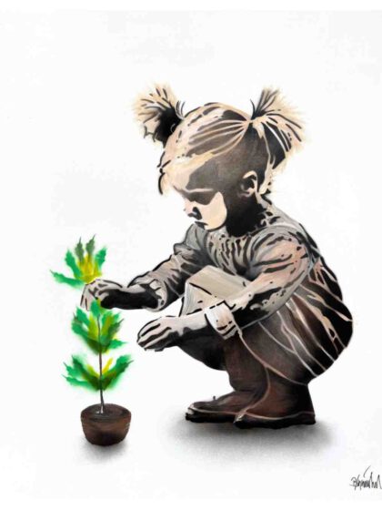 THOMAS BAUMGÄRTEL - Kind mit Pflanze (2025), Spraylack auf Leinwand