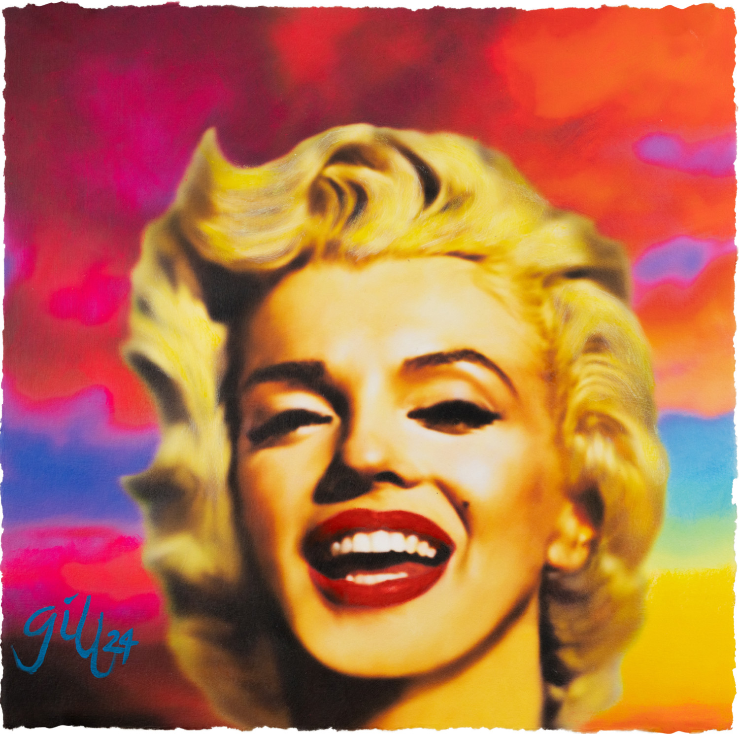 James Francis Gills Marilyn von 2024 mit lachendem Porträt Marilyn Monroes vor einem farbintensiven Hintergrund