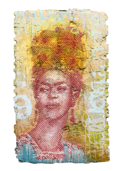 Patrizia Casagranda, Red Frida, 2024, Sculptural Dot-Painting auf recyceltem Material mit Interpretation von Frida Kahlo
