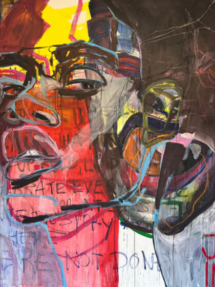 Joséphine Sagna, We’re here and we’re not done, 2026, Acryl und Ölstick auf Leinwand