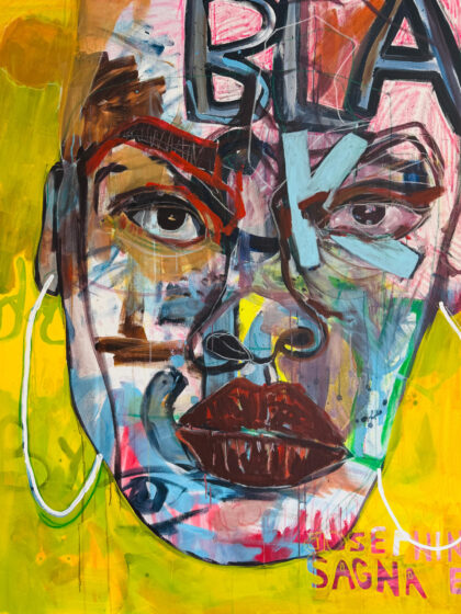 Joséphine Sagna, Ohne Titel, 2026, Acryl und Ölstick auf Leinwand